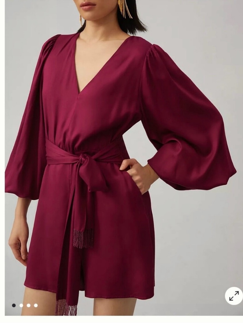 Farm Rio Anthropologie Burgundy V-Neck Tie-Waist Romper with Bishop Sleeves